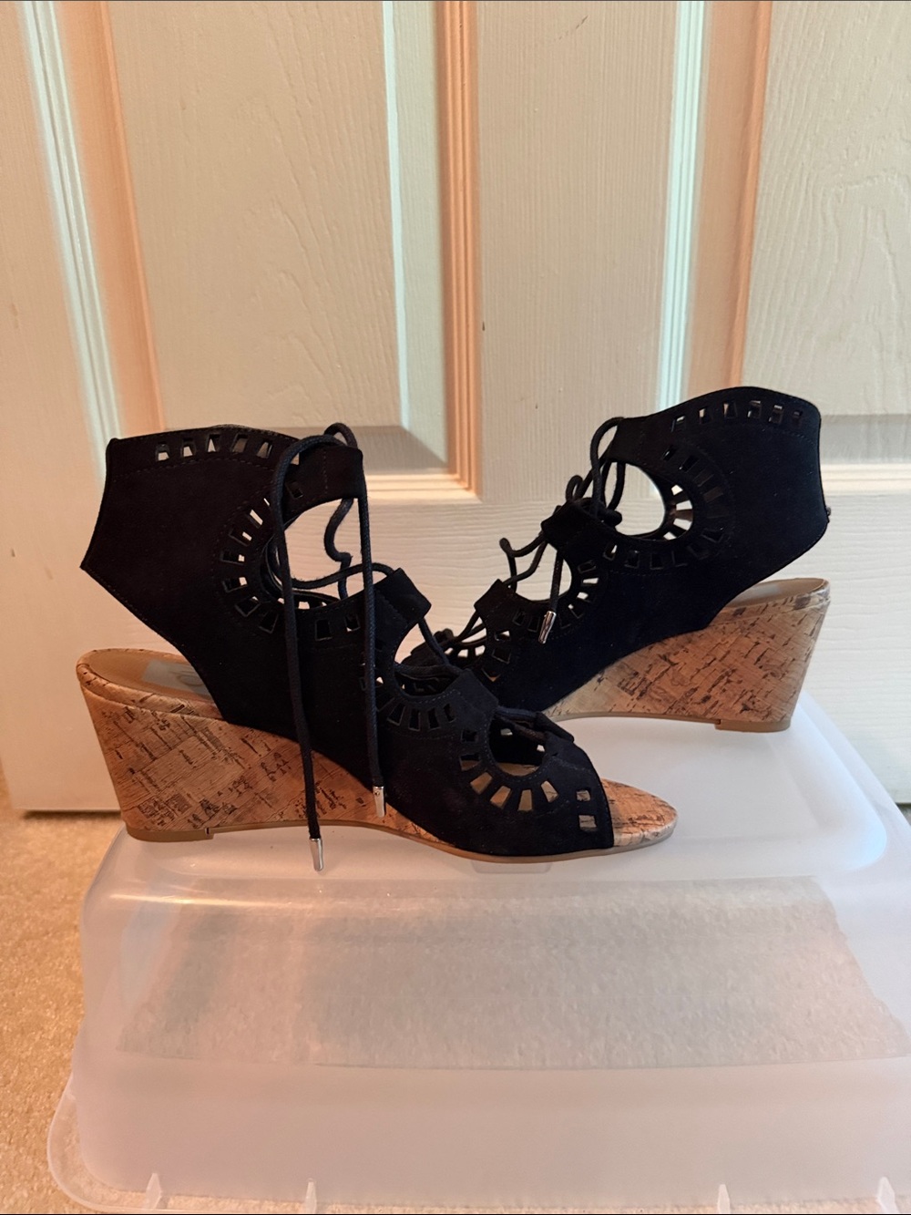 DV by Dolce Vita Black Laser-Cut Lace-Up Cork Wedges